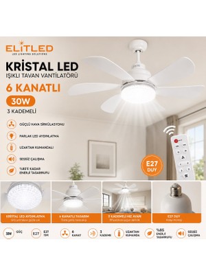Elitled Kristal LED Işıklı Tavan Vantilatörü 6 Kanatlı Kumandalı 30W E27 – 3 Kademeli