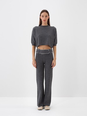 Kadın Antrasit Doğal Yün Dokulu Regular Fit Pantolon