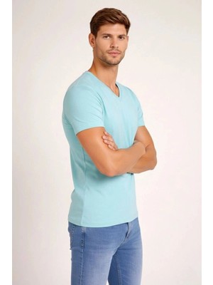 İlk El Grup Erkek Body T-Shirt V Yaka Slim Fit Likralı Kısa Kol Tişört - Turkuvaz