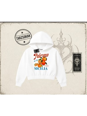 Tarzsokak Unisex Palermo Sicilia Kadın Crop Kapşonlu Sweatshirt Beyaz