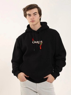 İlk El Grup Erkek 3 Iplik Pamuklu Kapüşonlu Baskılı Cepli Oversize Sweatshirt Hoodie - Siyah