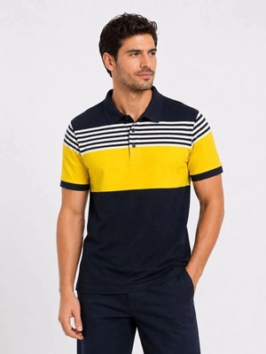 İlk El Grup Erkek Pike Kumaş Çizgili Polo Yaka Tişört Kısa Kol Yazlık T-Shirt - Lacivert