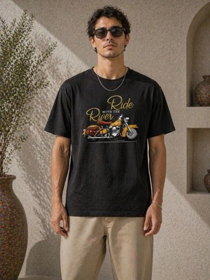 İlk El Grup Erkek Motosiklet Baskılı Tişört Bisiklet Yaka Kısa Kol Yazlık T-Shirt - Siyah