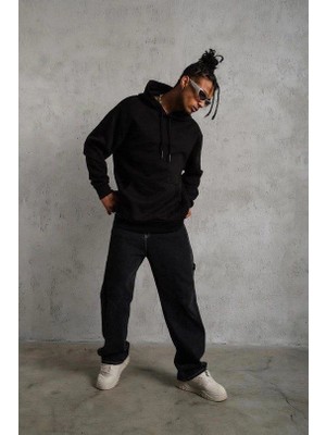 İlk El Grup Erkek 3 Iplik Pamuklu Kapüşonlu Cepli Düz Oversize Hoodie Sweatshirt - Siyah
