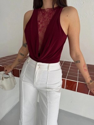 İlk El Grup Kadın Dantel Detaylı Derin Dekolte Body Şık Kolsuz Yazlık Bodysuit - Bordo