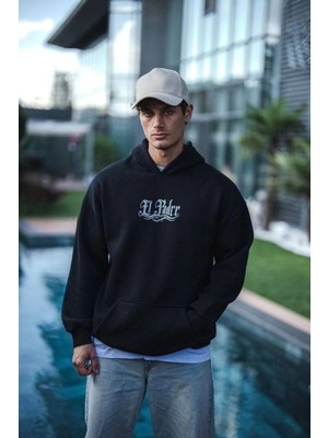 İlk El Grup Erkek 3 Iplik Pamuklu Kapüşonlu Baskılı Cepli Oversize Sweatshirt Hoodie - Siyah
