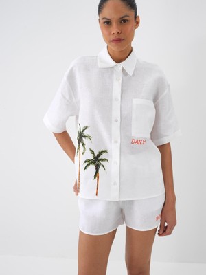 Xint Kadın Beyaz %100 Keten Oversize Gömlek