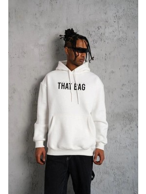 İlk El Grup Erkek 3 Iplik Pamuklu Kapüşonlu Baskılı Cepli Oversize Sweatshirt Hoodie - Beyaz