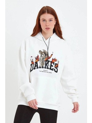İlk El Grup Kadın Oversize Kapüşonlu Cepli Baskılı 3 Iplik Pamuklu Hoodie Sweatshirt - Beyaz