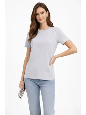 İlk El Grup Kadın Bisiklet Yaka Yazlık Kısa Kol Düz Tişört Regular Kalıp T-Shirt - Gri