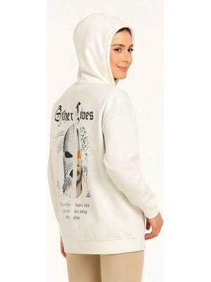 İlk El Grup Kadın Oversize Kapüşonlu Kanguru Cepli Baskılı 3 Iplik Pamuklu Sweatshirt Hoodie -   Beyaz