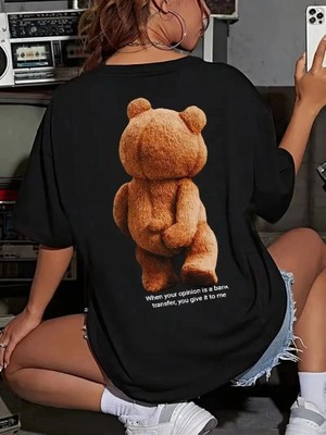 İlk El Grup Kadın Tişört Büyük Boy Ayıcık Baskılı Bisiklet Kısa Kol T-Shirt - Siyah