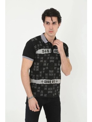 İlk El Grup Erkek Polo Yaka Tişört Slim Fit Baskılı kısa Kol T-Shirt - Siyah