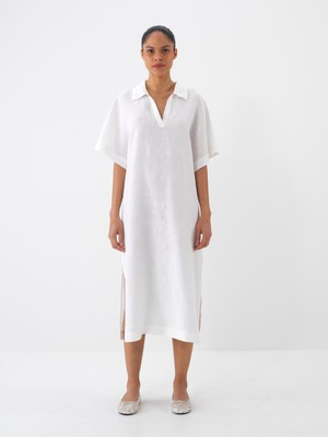 Xint Kadın Beyaz %100 Keten Oversize Elbise