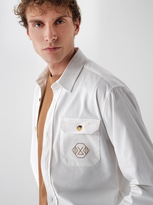 Erkek Ekru Pamuk Dokulu Regular Fit Gömlek