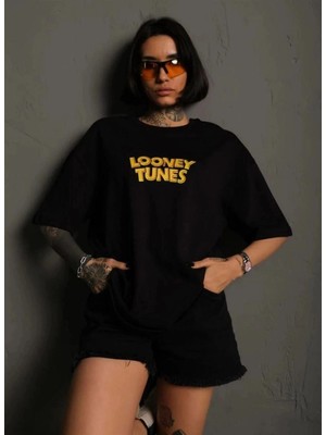 İlk El Grup Kadın Bisiklet Yaka Baskılı Oversize  Kısa Kol T-Shirt - Siyah