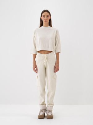 Kadın Ekru Doğal Yün Dokulu Regular Fit Pantolon