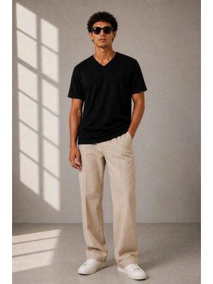 İlk El Grup Erkek V Yaka Basic Tişört Kısa Kol Yazlık Regular Fit T-Shirt - Siyah