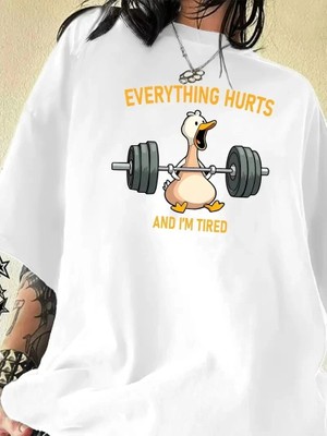 İlk El Grup Kadın T-Shirt Ördek Baskılı Bisiklet Yaka Kısa Kol Tişört - Beyaz
