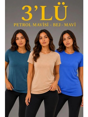 İlk El Grup Kadın 3’lü Kısa Kollu Bisiklet Yaka Basic Slim Fit T-Shirt -Petrol Mavisi  - Bej - Mavi