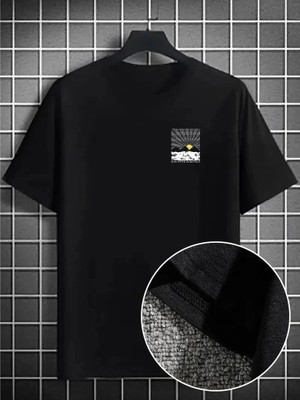 İlk El Grup Erkek Tişört Dağ Grafikli Kısa Kollu Yazlık T-Shirt - Siyah