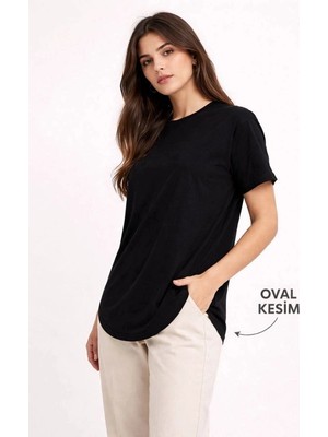 İlk El Grup Kadın Basic T-Shirt Kısa Kol Bisiklet Yaka Oval Kesim Tişört - Siyah