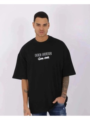 İlk El Grup Erkek Kısa Kol Yazlık Tişört Bisiklet Yaka Baskılı Oversize T-Shirt - Siyah