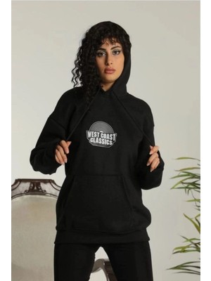 İlk El Grup Kadın Oversize Kapüşonlu Cepli Baskılı 3 Iplik Pamuklu Hoodie Sweatshirt - Siyah