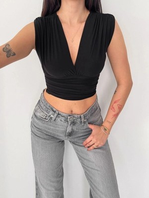 İlk El Grup Kadın Vatkalı Kolsuz V Yaka Drapeli Crop Bluz Likralı Fit - Siyah