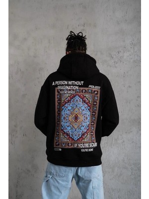 İlk El Grup Erkek 3 Iplik Pamuklu Kapüşonlu Baskılı Cepli Oversize Sweatshirt Hoodie - Siyah