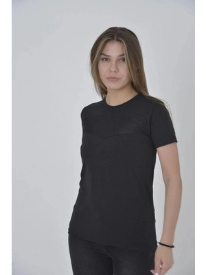 İlk El Grup Kadın Gögüs Fileli T-Shirt Kısa Kol Bisiklet Yaka Slimfit Tişört   - Siyah