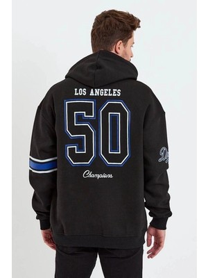 İlk El Grup Erkek 3 Iplik Pamuklu Kapüşonlu Baskılı Cepli Oversize Sweatshirt Hoodie - Siyah