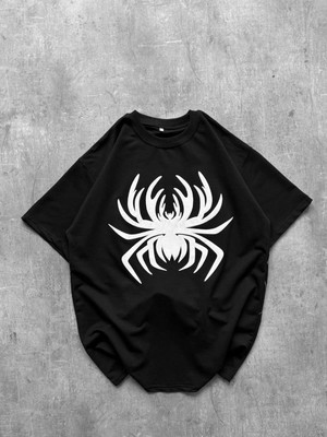 İlk El Grup Erkek Örümcek Baskılı Tişört Kısa Kollu Bisiklet Yaka T-Shirt - Siyah
