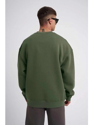 İlk El Grup Erkek Bisikilet Yaka 3 Iplik Pamuklu Sweatshirt - Haki