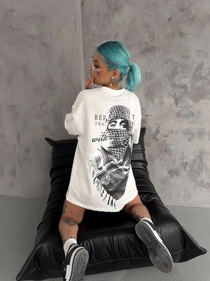 İlk El Grup Kadın Kısa Kol Tişört Bisiklet Yaka Filistin Poşülü Baskılı T-Shirt - Beyaz