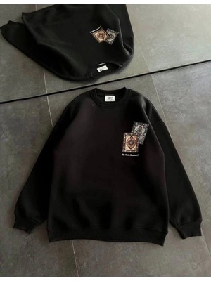 İlk El Grup Kadın Bisiklet Yaka Kilim Halı Baskılı 3 Iplik Pamuklu Sweatshirt - Siyah