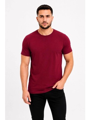 İlk El Grup Erkek Basic Tişört Bisiklet Yaka Kısa Kol Günlük Yazlık Slim Fit T-Shirt - Bordo