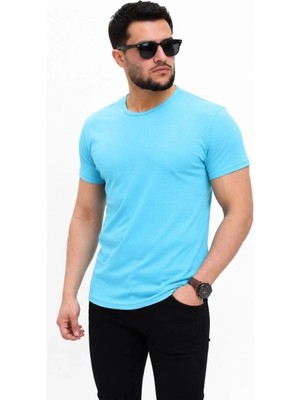 İlk El Grup Erkek Basic Tişört Bisiklet Yaka Kısa Kol Günlük Yazlık Slim Fit T-Shirt - Açık Mavi
