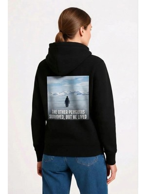 İlk El Grup Kadın 3 Iplik Pamuklu Kapüşonlu Hoodie Sweatshirt Survivor Penguen Baskılı - Siyah
