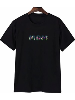 İlk El Grup Anneler Günü Mom Çiçek Temalı Baskılı Oversize Bisiklet Yaka T-Shirt - Siyah