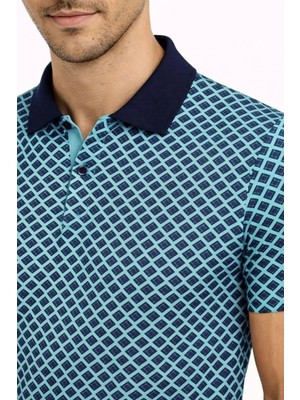 İlk El Grup Erkek Pike Kumaş Polo Yaka Desenli Tişört Kısa Kol Yazlık T-Shirt - Turkuaz