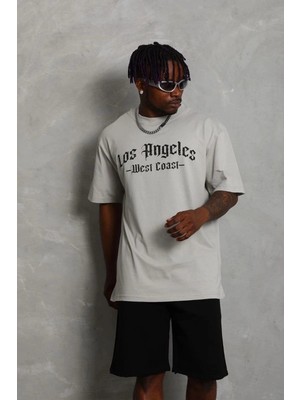 İlk El Grup Erkek Baskılı Tişört Kısa Kol Bisiklet Yaka Oversize T-Shirt - Gri