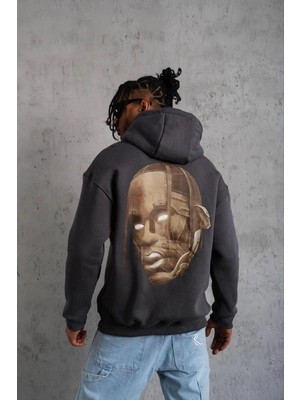 İlk El Grup Erkek Kordonlu Arka Maske Kordon Saçlı 3 Iplik Pamuklu Kapüşonlu Sweatshirt - Füme
