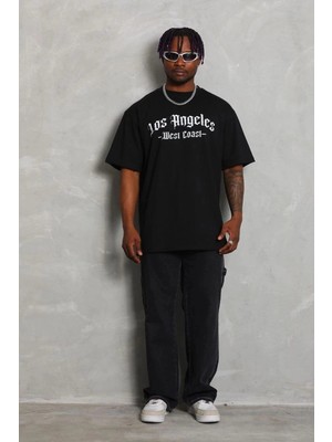 İlk El Grup Erkek Baskılı Tişört Kısa Kol Bisiklet Yaka Oversize T-Shirt - Siyah