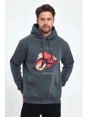 İlk El Grup Erkek 3 Iplik Pamuklu Kapüşonlu Cepli Boks Eldiven Baskılı Hoodie Sweatshirt - Füme