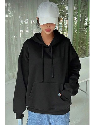 İlk El Grup Kadın Kapüşonlu Kanguru Cepli 3 Iplik Pamuklu Oversize Hoodie Sweatshirt - Siyah