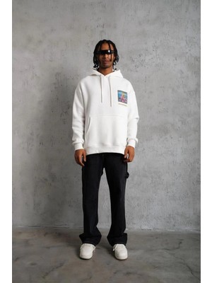 İlk El Grup Erkek 3 Iplik Pamuklu Kapüşonlu Baskılı Cepli Oversize Sweatshirt Hoodie - Beyaz