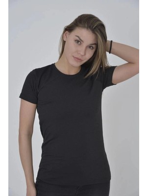 İlk El Grup Kadın Omuz Fileli T-Shirt Kısa Kol Bisiklet Yaka Slimfit Tişört  - Siyah