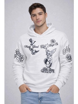 İlk El Grup Erkek 3 Iplik Pamuklu Kapüşonlu Baskılı Sweatshirt Hoodie - Beyaz