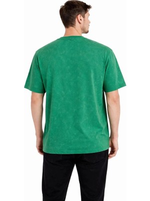 İlk El Grup Erkek Asit Yıkama Bisiklet Yaka Kısa Kollu Oversize T-Shirt Tişört - Yeşil